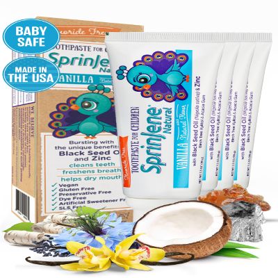 SprinJene Natural Childrens Toothpaste  Fluoride Free Vanilla Toothpaste for Toddlers & Kids  Gentle Safe Natural Formula with Patented Black Seed Oil & Zinc  Made in The USA (4 Pack)
