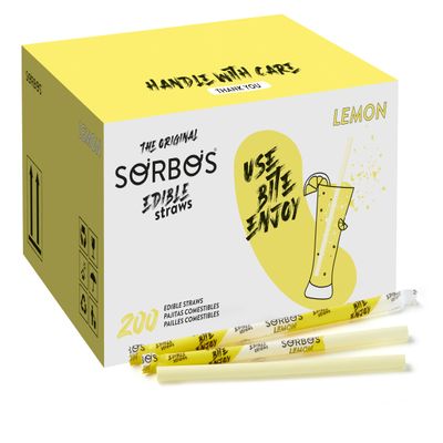 Sorbos Edible Straws, Lemon Flavored, Sustainable, Individually Packaged, No Plastic, No Allergens, No Gluten, No PFAS, 100 Percent Biodegradable, 7.4 inches long (Pack of 200)
