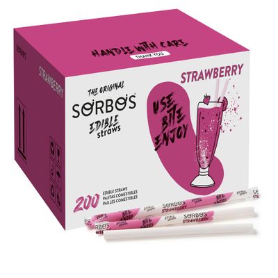 Sorbos Edible Straws, Strawberry Flavored, Sustainable, Individually Packaged, No Plastic, No Allergens, No Gluten, No PFAS, 100 Percent Biodegradable, 7.4 inches long (Pack of 200)