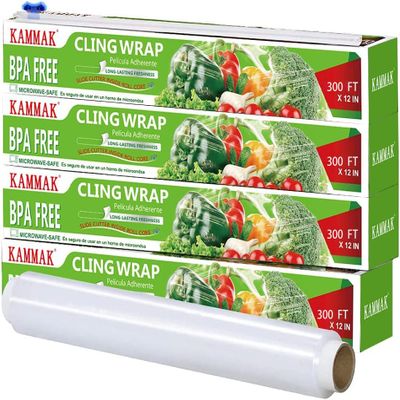 KAMMAK Plastic Wrap with Slide Cutter - 4 Pack 12 inch Clear Cling Film, 300 Square FT Roll - BPA Free, Microwave Safe, Quick Cut Kitchen Wrap