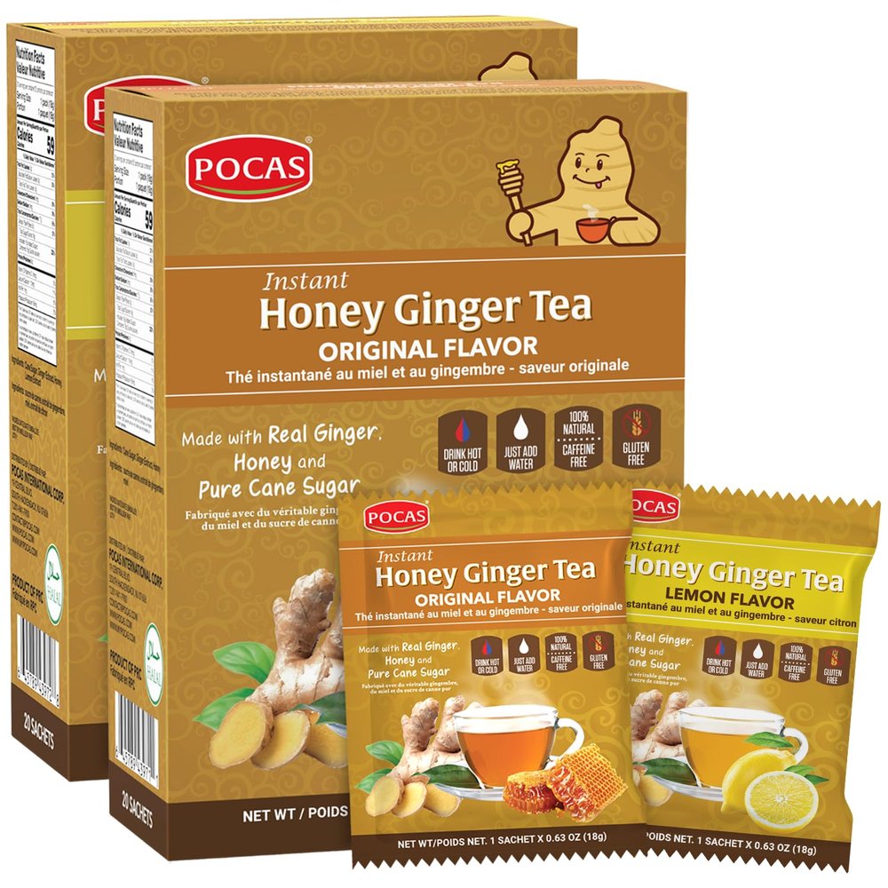 Pocas Honey Ginger Instant Tea Powder, Lemon Flavor 2-Pack, Ginger Extract & Real Honey, Caffeine-Free Tea, 20 Packets per Box