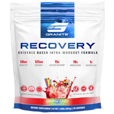 Granite Nutrition Recovery - Premium Intra-Workout Drink with EAAs, Cluster Dextrin, Sensoril & Senactiv for Athletic Performance and Lean Muscle Gains - Rainbow Candy Flavor (20 Servings)