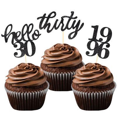 24 Pcs Black Glitter 30th Birthday Cupcake Toppers for 30th Anniversary Birthday Party Wedding Party Decorations