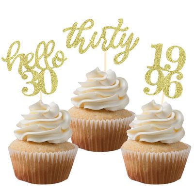 24 Pcs Gold Glitter 30th Birthday Cupcake Toppers for 30th Anniversary Birthday Party Wedding Party Decorations
