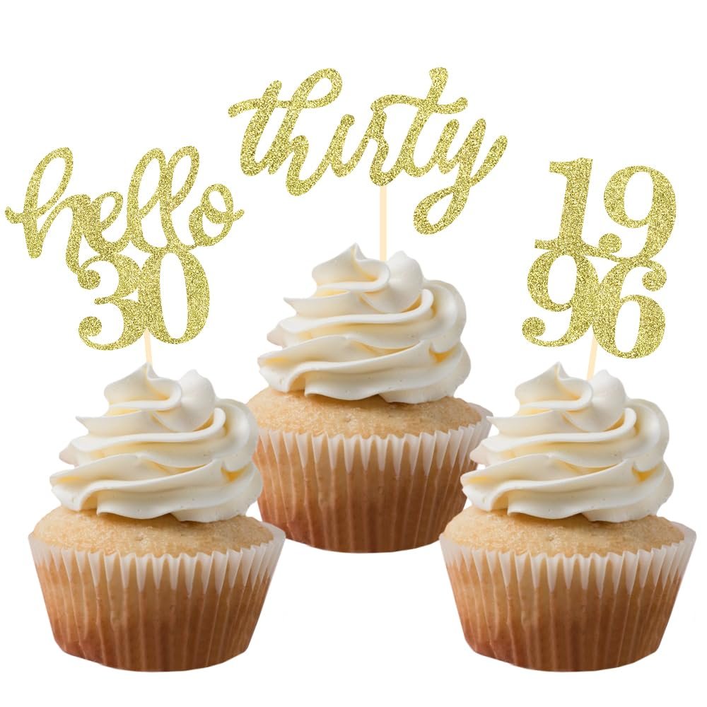 24 Pcs Gold Glitter 30th Birthday Cupcake Toppers for 30th Anniversary Birthday Party Wedding Party Decorations