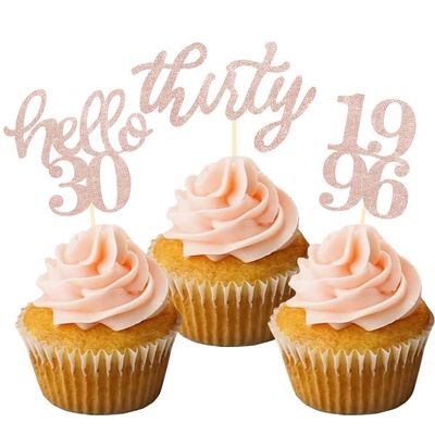 24 Pcs Rose Gold Glitter 30th Birthday Cupcake Toppers for 30th Anniversary Birthday Party Wedding Party Decorations