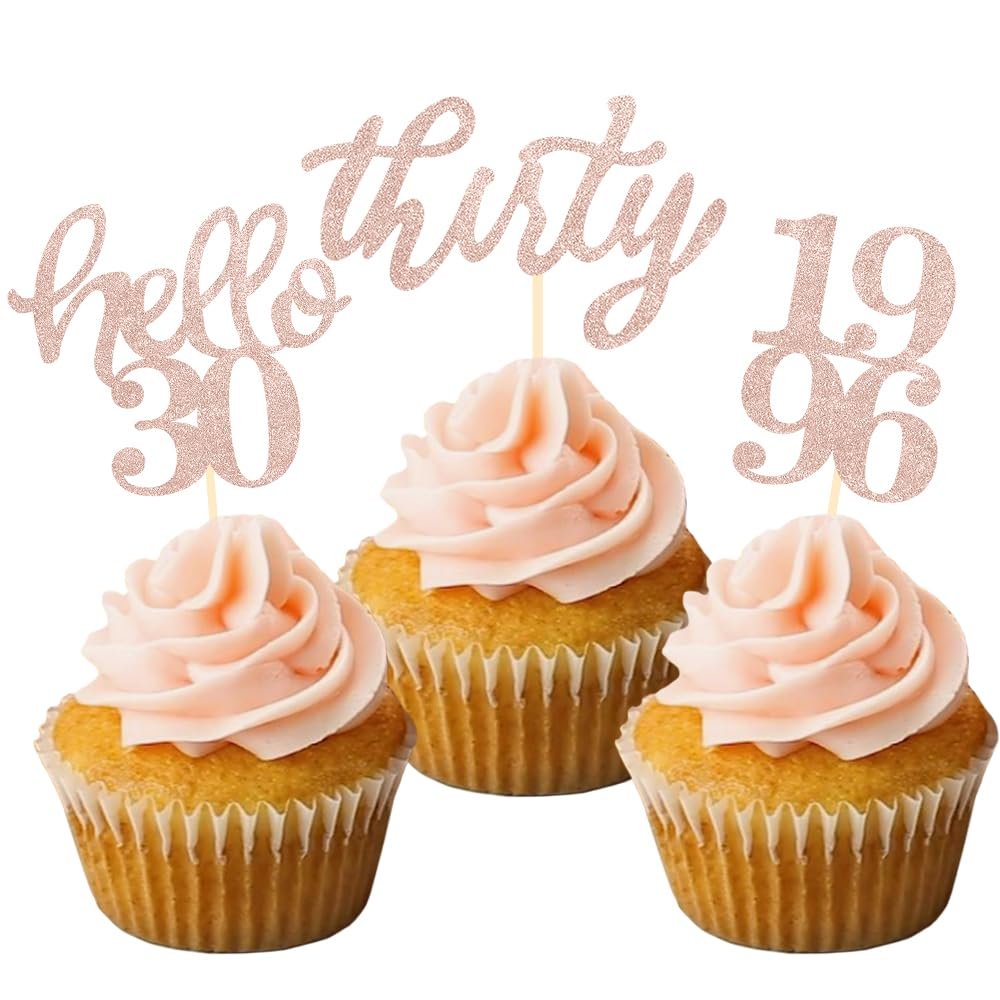 24 Pcs Rose Gold Glitter 30th Birthday Cupcake Toppers for 30th Anniversary Birthday Party Wedding Party Decorations