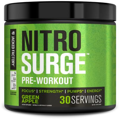 Jacked Factory NITROSURGE Pre Workout Supplement - Endless Energy, Instant Strength Gains, Clear Focus, Intense Pumps - NO Booster & Powerful Preworkout Energy Powder - 30 Servings, Green Apple