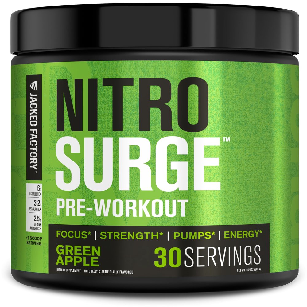 Jacked Factory NITROSURGE Pre Workout Supplement - Endless Energy, Instant Strength Gains, Clear Focus, Intense Pumps - NO Booster & Powerful Preworkout Energy Powder - 30 Servings, Green Apple