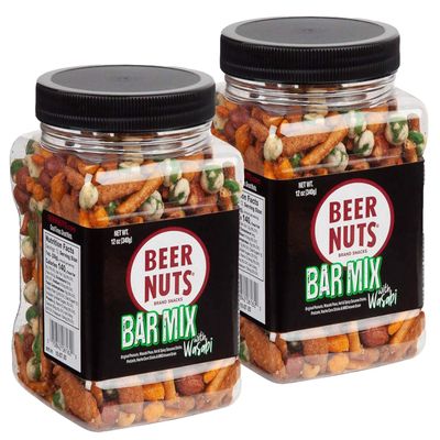 BEER NUTS Bar Mix w/Wasabi - Pretzels, Cheese Stix, Sesame Stix, Insane Grain & Wasabi Peas - 12oz Resealable Jar (Pack of 2)