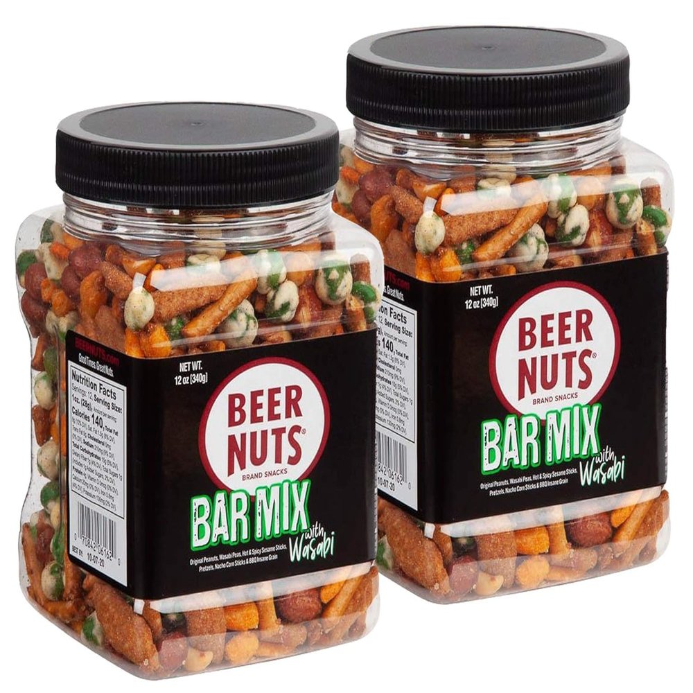 BEER NUTS Bar Mix w/Wasabi - Pretzels, Cheese Stix, Sesame Stix, Insane Grain & Wasabi Peas - 12oz Resealable Jar (Pack of 2)