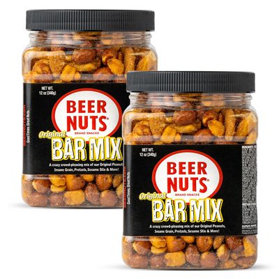 BEER NUTS Original Bar Mix - Pretzels, Cheese Stix, Sesame Stix, Insane Grain - 12oz Resealable Jar (Pack of 2)