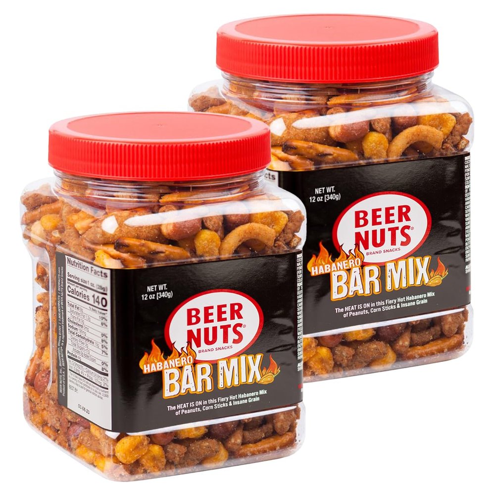 BEER NUTS Habanero Bar Mix - Fiery Hot Habanero Mix Of Peanuts, Corn Sticks & Insane Grain - 12oz Resealable Jar (Pack of 2)