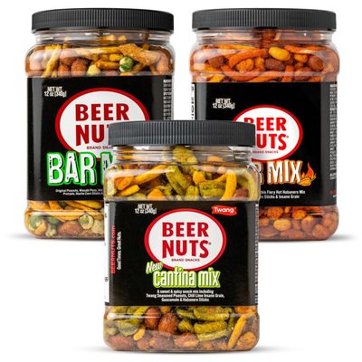 BEER NUTS Variety Pack, Habanero Bar Mix, 12oz Cantina Mix with Twang, 12oz Bar Mix w/Wasabi, nack Bulk Bundle Resealable Jars (12oz each, Pack of 3)