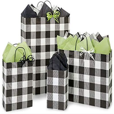 125 PK, Buffalo Plaid Black Paper Shopping Bag Assortment for Party, Holiday & Events, Made in USA