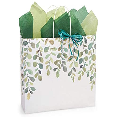 200 PK, Watercolor Greenery Paper Shopping Bags, Vogue 16 x 6 x 12.5" for Party, Holiday & Event, Made in USA