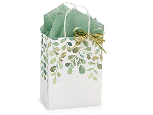 250 PK, Watercolor Greenery Paper Shopping Bags, Cub 8.25 x 4.75 x 10.5" for Party, Holiday & Event, Made in USA