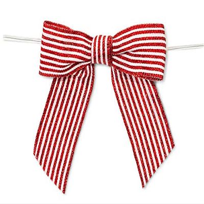 24 PK, 3" Metallic Red Pre-Tied Stripes Grosgrain Gift Bows for Gift Or Cello Bag Packaging