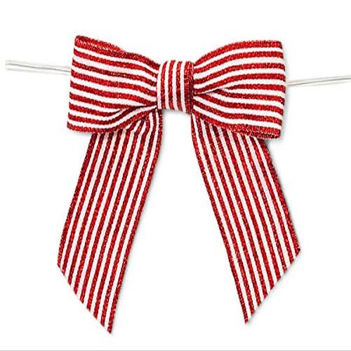 24 PK, 3" Metallic Red Pre-Tied Stripes Grosgrain Gift Bows for Gift Or Cello Bag Packaging