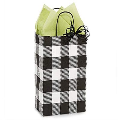 250 PK, Buffalo Plaid Black Paper Shopping Bags, Cub 8 x 4.75 x 10.25" for Party, Holiday & Events, Made in USA