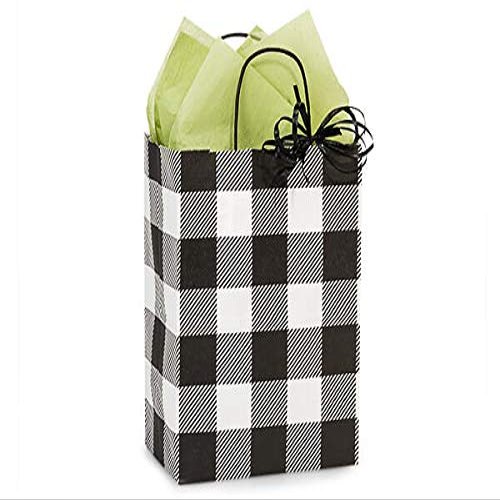 250 PK, Buffalo Plaid Black Paper Shopping Bags, Cub 8 x 4.75 x 10.25" for Party, Holiday & Events, Made in USA