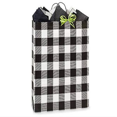 200 PK, Buffalo Plaid Black Paper Shopping Bags, Queen 16 x 6 x 19" for Party, Holiday & Events, Made in USA