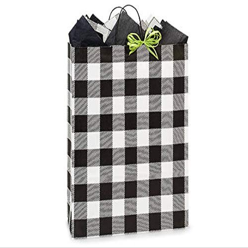 200 PK, Buffalo Plaid Black Paper Shopping Bags, Queen 16 x 6 x 19" for Party, Holiday & Events, Made in USA