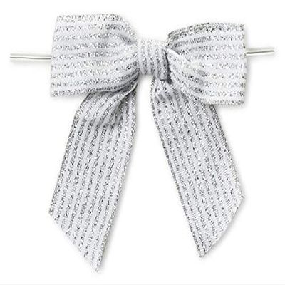 24 PK, 3" Metallic Silver Pre-Tied Stripes Grosgrain Gift Bows for Gift Or Cello Bag Packaging