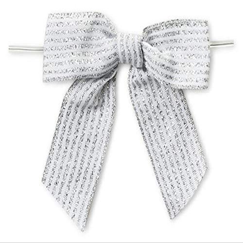 24 PK, 3" Metallic Silver Pre-Tied Stripes Grosgrain Gift Bows for Gift Or Cello Bag Packaging