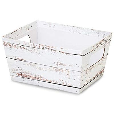 6 PK, Distressed White Wood Large Wide Base Trays for Use As Gourmet Gift Baskets, Food Baskets Or Home Decor Decorative Accessory