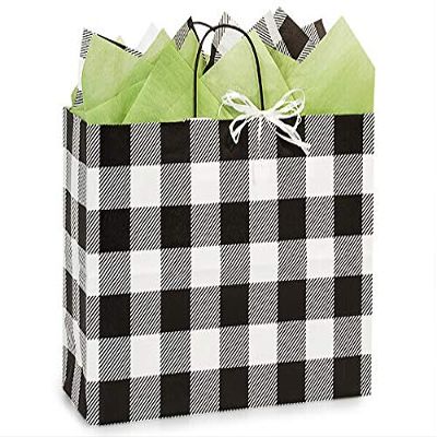 25 PK, Buffalo Plaid Black Paper Shopping Bags, Vogue 16 x 6 x 12" for Party, Holiday & Events, Made in USA