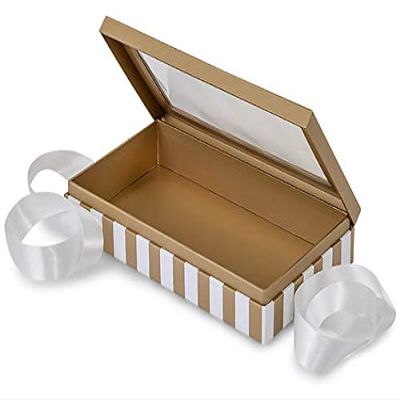 18 PK, Gold & Ivory Stripe Window Box with Ribbon, 8.25 x 4.5 x 1.5" for Party, Holiday & Events