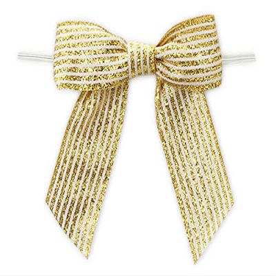 24 PK, 3" Metallic Gold Pre-Tied Stripes Grosgrain Gift Bows for Gift Or Cello Bag Packaging