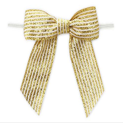 24 PK, 3" Metallic Gold Pre-Tied Stripes Grosgrain Gift Bows for Gift Or Cello Bag Packaging