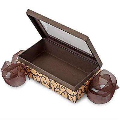 18 PK, Elegant Chocolate Scroll Window Box with Ribbon, 8.25 x 4.5 x 1.5" for Party, Holiday & Events