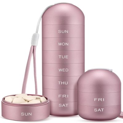 Zannaki Metal Moisture Proof Weekly Pill Organizer, Stackable Aluminum Alloy BPA Free Travel Hiking 7 Day Pill Box Case Waterproof and Large Compartment to Hold Pills, Vitamins, Fish Oil, Supplements