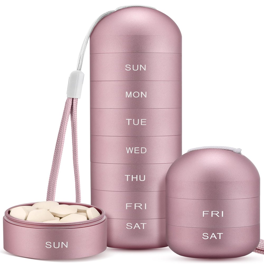 Zannaki Metal Moisture Proof Weekly Pill Organizer, Stackable Aluminum Alloy BPA Free Travel Hiking 7 Day Pill Box Case Waterproof and Large Compartment to Hold Pills, Vitamins, Fish Oil, Supplements