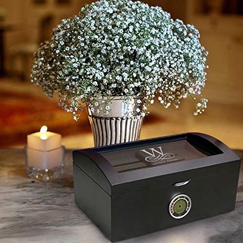 Center GiftsPersonalized With Name and Initial 120 Ct. Portofino Tinted Glass Humidor w External Digital Needle & Numeric Disp., Case Elegance Cigar Humidor, Cigars Gift Set For Men