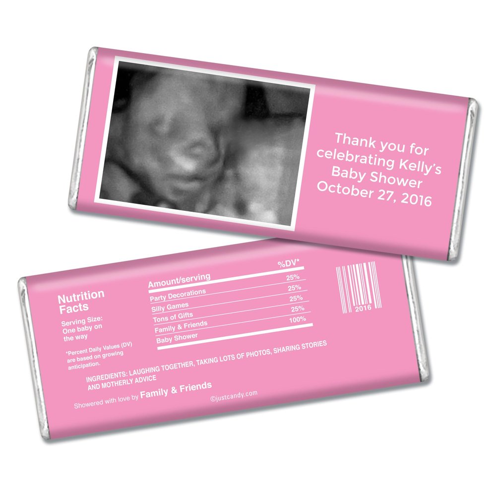 25ct Baby Shower Favors with Sonogram Photo Personalized Wrappers for Chocolate Bars (25 Pack) - Pink