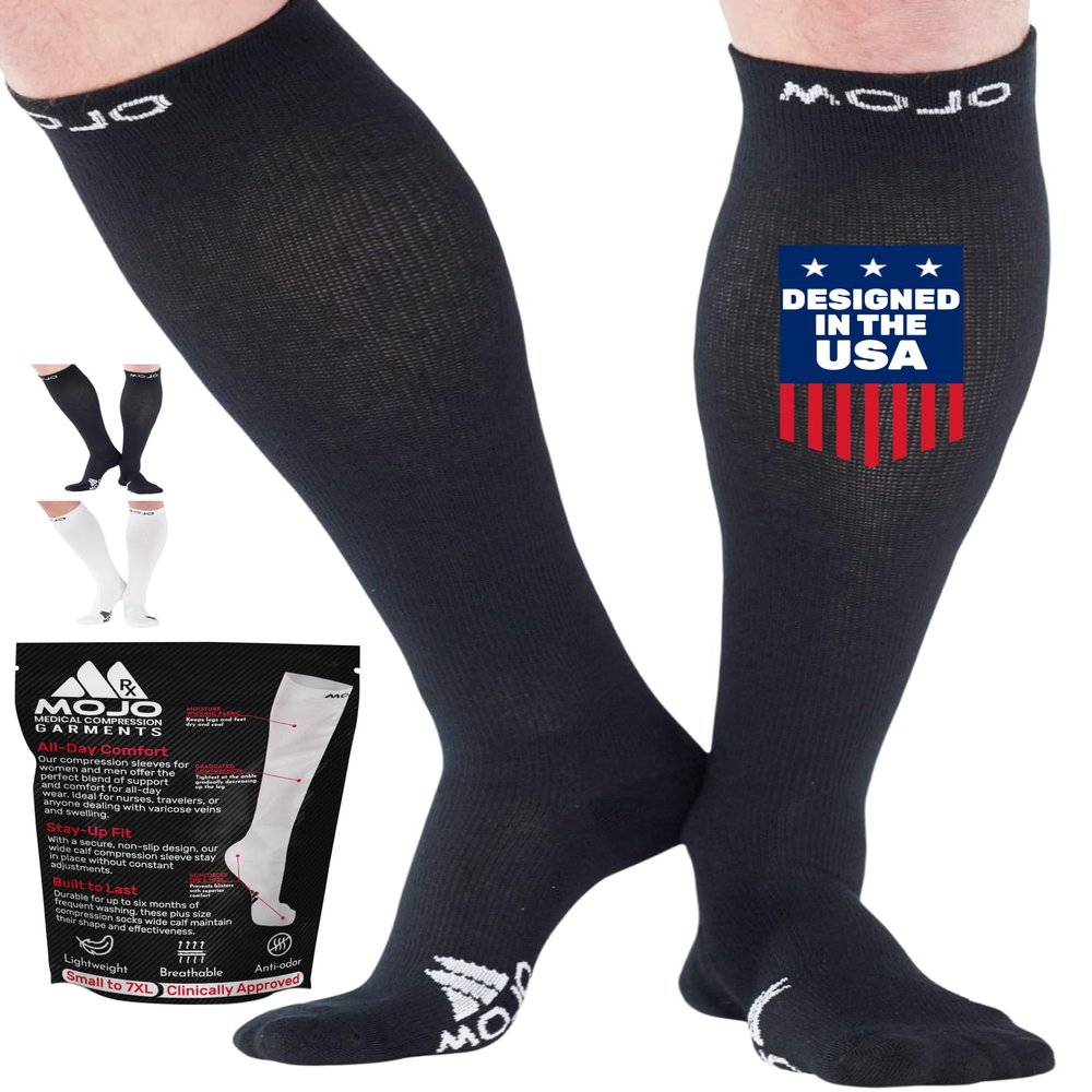 Mojo - Compression Socks for Women and Men 15-20mmHg Plus Size - Women and Mens Medical Compression Stockings for Edema, Swelling, Bariatric - Black, 4X-Large - A106