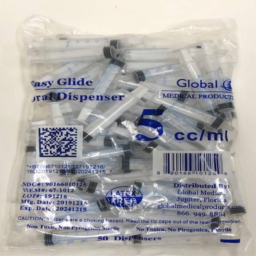 Easy Glide 5ml 5cc Oral Syringe, Caps Included, Great for Oral Medicine and Home Care, 50 Count