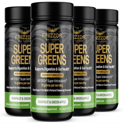 FREZZOR Super Greens Powder with UAF1000+, All-Natural New Zealand Green Fruit & Veggie Supplement, Energy, Vital Raw Veggies, ORAC Antioxidants, Enzymes, Detox & Cleanse, 28 Ounce, 80 Serves, 4 Jars