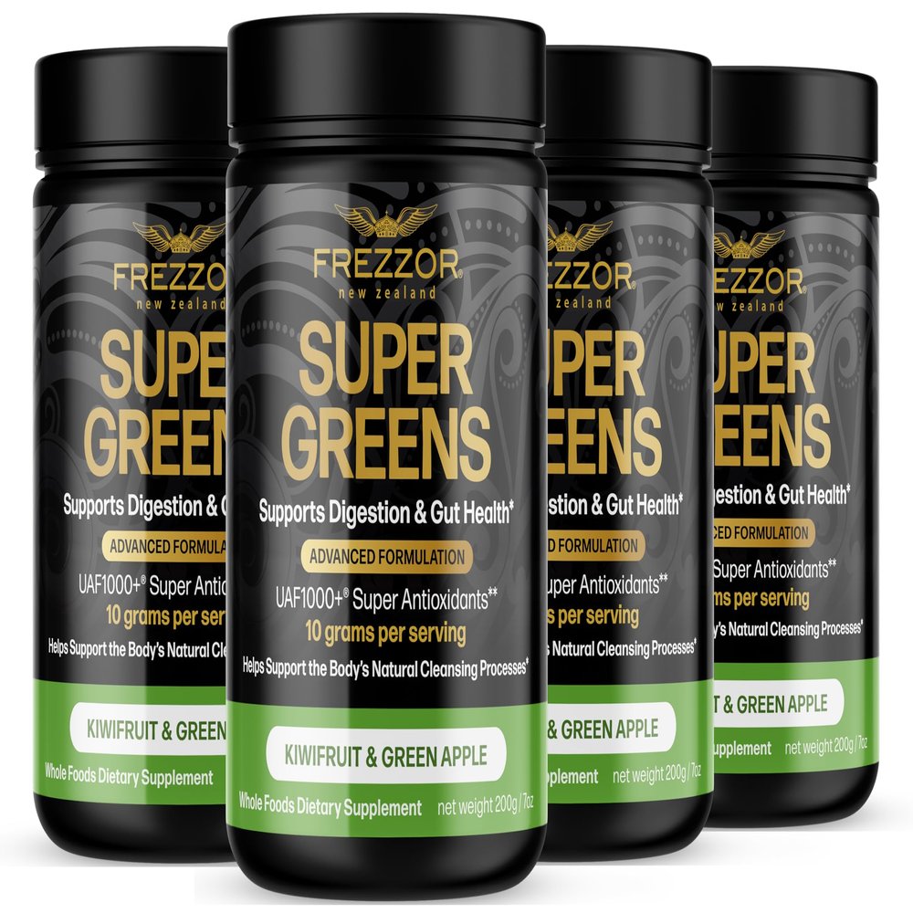 FREZZOR Super Greens Powder with UAF1000+, All-Natural New Zealand Green Fruit & Veggie Supplement, Energy, Vital Raw Veggies, ORAC Antioxidants, Enzymes, Detox & Cleanse, 28 Ounce, 80 Serves, 4 Jars