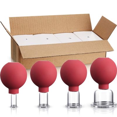 BBTO 4 Pieces Glass Cupping Set Glass Silicone Cupping Cups Massage Vacuum Suction Cupping Cups for Body Face Leg Arm Back Shoulder Muscle and Joint Pain (Red)