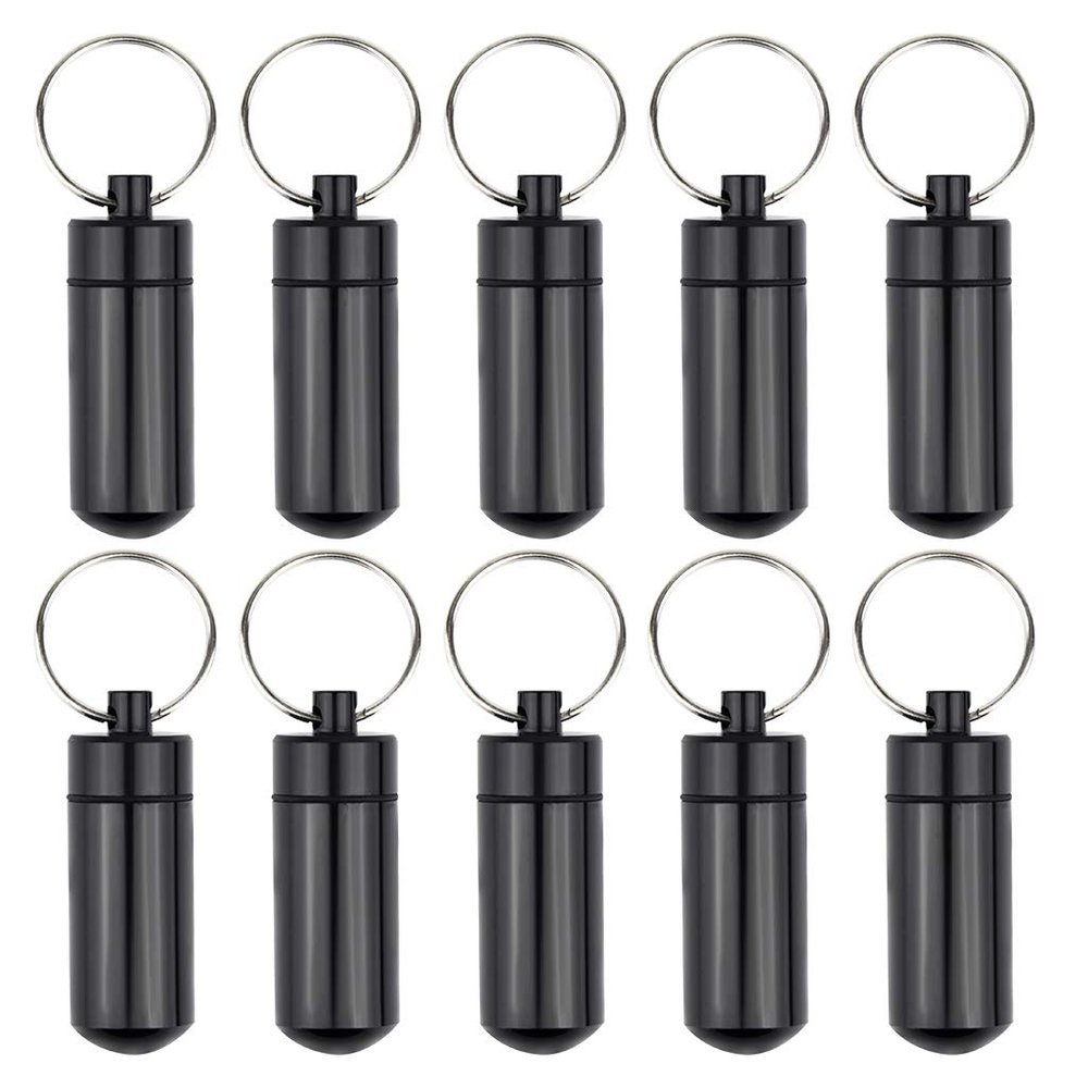10 Pcs Portable Pill Case, Bantoye Waterproof Aluminum Holders Storage Container with Keychain for Outdoor Camping Traveling, Black