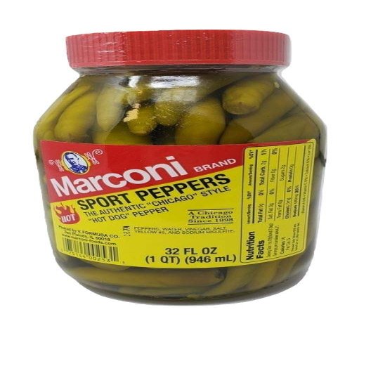 Marconi Hot Pickled Green Sport Peppers 32 Oz Glass Jar Condiment for Chicago Style Hot Dogs