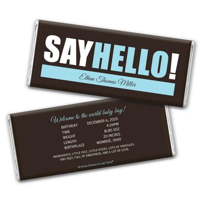 12ct Baby Boy Birth Announcement Favors Personalized Chocolate Bars (12 Pack) - Say Hello!