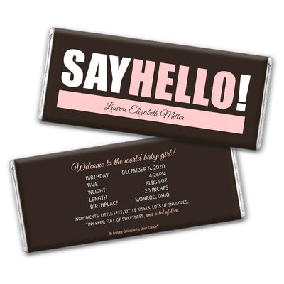 24ct Baby Girl Birth Announcement Favors Personalized Chocolate Bars (24 Pack) - Say Hello!