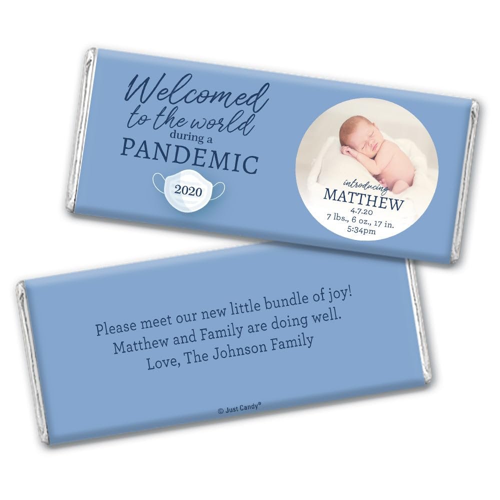 24ct Pandemic Baby Boy Birth Announcement Favors Personalized Chocolate Bars (24 Pack)