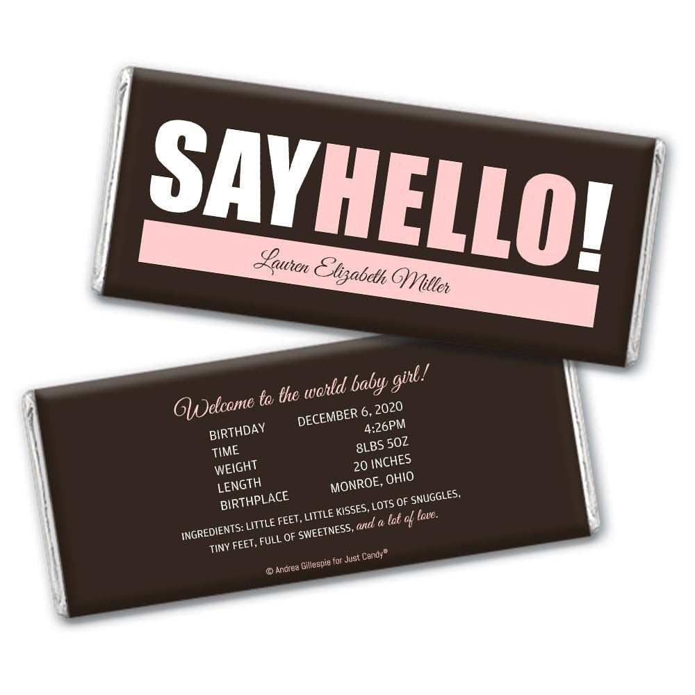 12ct Baby Girl Birth Announcement Favors Personalized Chocolate Bars (12 Pack) - Say Hello!